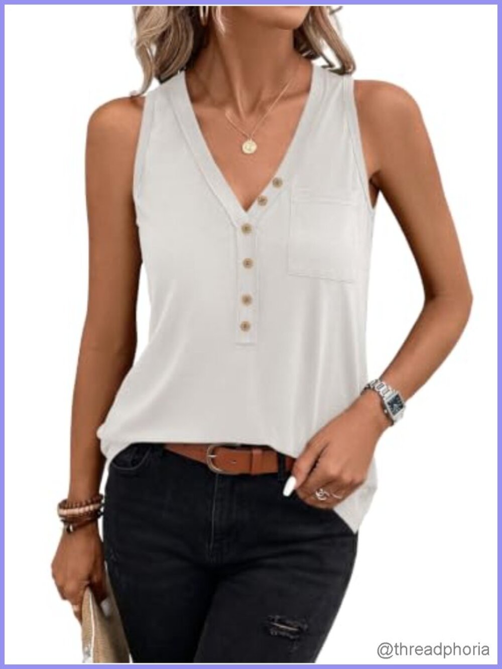 Tank Tops for Women V Neck Henley Sleeveless Loose Fit Blouse with Pocket